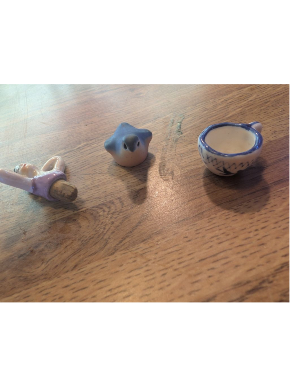 Trio of miniature Decor Ceramic Figurines featuring a Blue Bird, tea cup, lady